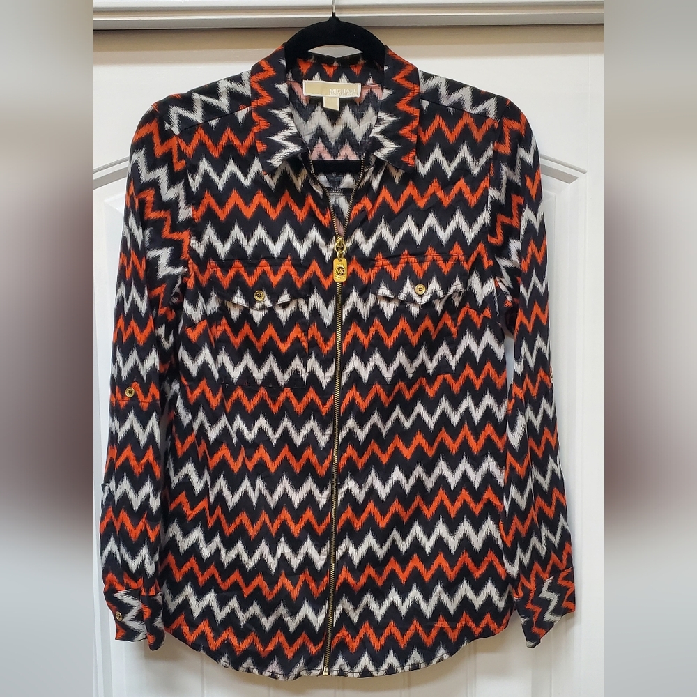 Michael Kors Red & Black Zip Down Shirt Notched Collar - Sz 8